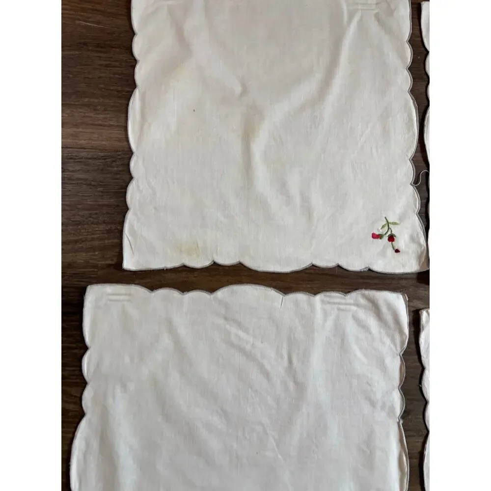 Vintage 5pc Cloth Napkins White Cotton Red Floral Rose Embroidery AS IS 15